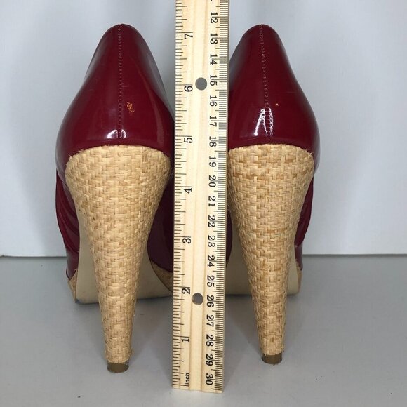 STEVE MADDEN Heels Women's Size US9 Red Tan Richh Leather Peep Toe Shoes - Picture 4 of 11